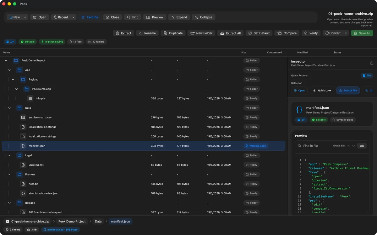 Peek Compress displaying the contents of an archive on macOS